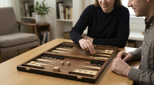 Couple playing backgammon at a wooden table. Woman moving a checker on a board game with dice in a cozy living room
