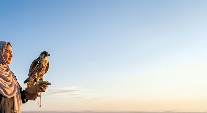 Young woman wearing traditional Middle Eastern headscarf holding trained falcon at sunset, falconry sport and cultural heritage concept for travel and adventure themes.
