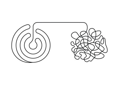 Abstract line art of tangled and untangled thread on a white background