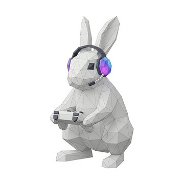 White Low Poly Geometric Rabbit Character Wearing Neon Gaming Headset and Holding a Game Controller Isolated on a Clean White Background
