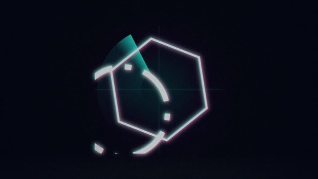 Abstract digital hexagon shape with glitch effect on dark background