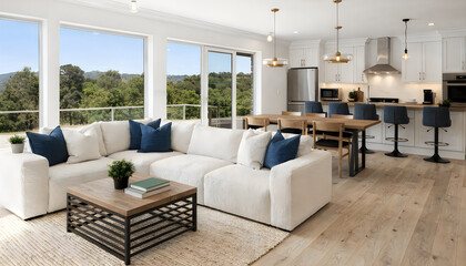 Fototapeta premium Bright modern living room with comfortable sofa and open kitchen interior design in residential home.