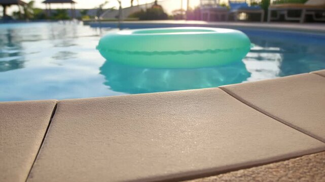 Mint inflatable ring floating on calm resort pool water beside beige coping, with blurred tropical lounge, palm trees, warm sunset glow, bright reflections, relaxed luxury mood