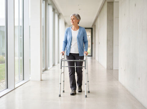 Senior woman walking with mobility walker frame down hospital corridor