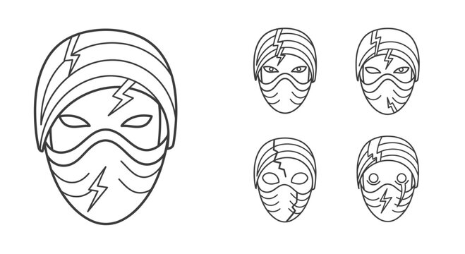 Vector Set of Stylized Ninja Warrior Masks with Lightning Bolt Symbols