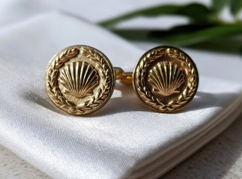 Pair of ornate gold cufflinks featuring a scallop shell design resting on a folded white napkin