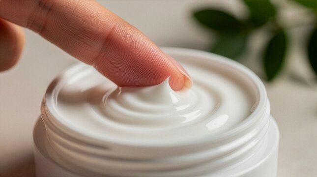 Finger touches a thick white moisturizing cream inside an open plastic container to demonstrate the texture of the skincare product.