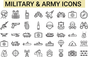Military and Army Outline Icons Set with Defense Force Tank Jet Fighter Submarine Helmet Rifle Hand Grenade Gas Mask Compass Medal and Tactical War Equipment Linear Vector Elements © MD FIRDAUS RAHMAN
