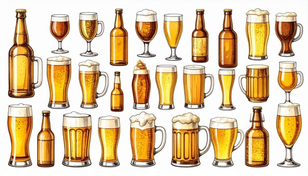 Collection of assorted beer bottles and various filled pint glasses with golden frothy foam