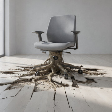 Office Chair With Tree Roots Breaking Through Wooden Floor