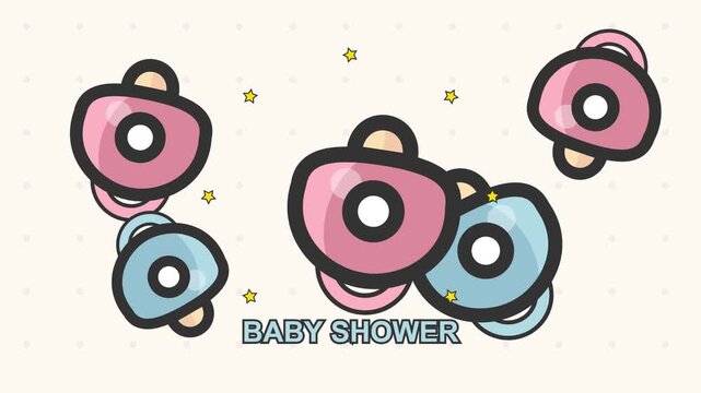 Animated baby pacifiers floating with baby shower text for celebration