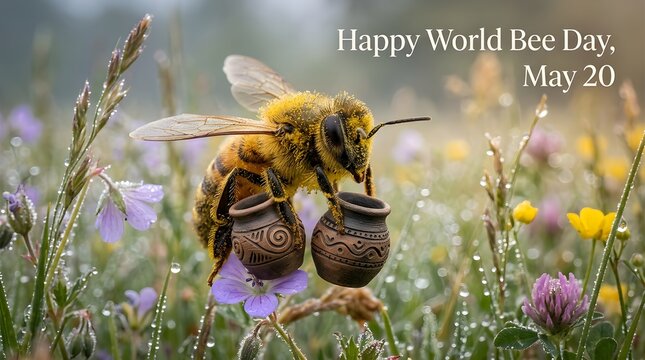 Honeybee Holding Mini Clay Pots in Dewy Meadow on World Bee Day