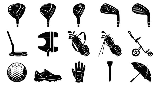 Golf Equipment Black White Glyph Icon Set. Clubs, Ball, Bag, Shoe, Glove, Tee, Cart, Umbrella Vector Silhouettes.