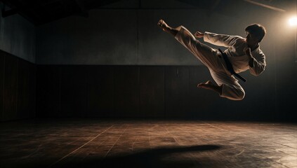 Fototapeta premium Dynamic martial artist performing a powerful mid-air jump kick in a dark training dojo