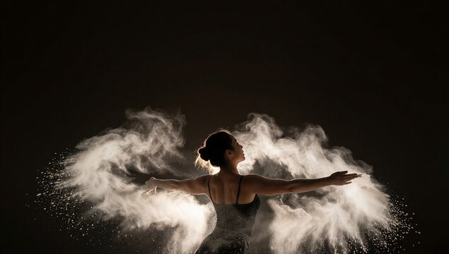 Silhouette of a woman dancer performing expressive movement amidst clouds of white powder