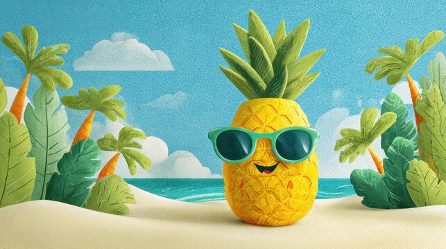 Cheerful pineapple wearing sunglasses in a sunny tropical scene