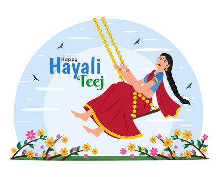 happy hariyali teej and hartalika teej Indian festival with woman swing sawan vector illustration 