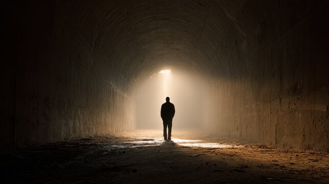 Cinematic passageway with a man in a tunnel pursuing light, inner strength and courage