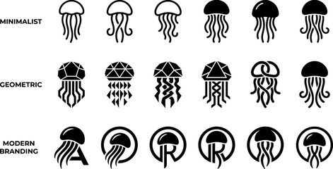 Minimalist, geometric, and modern jellyfish branding icon set featuring black silhouettes, ocean life vector graphics, nautical logos, and marine illustrations.  © Ahsan