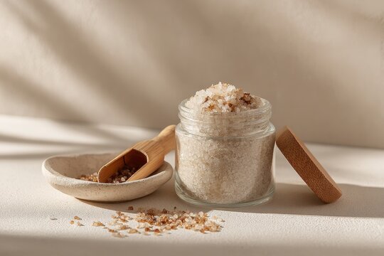 Clean beauty facial sea salt scrub displayed on pale surface with natural daylight