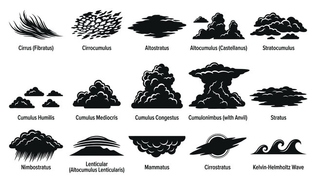 Black  White Cloud Icons: Types of Clouds for Weather and Meteorology