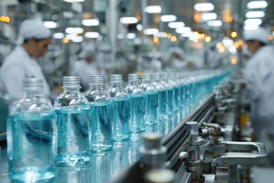 Cleanroom-style factory scene showing liquid soap bottles moving along an assembly line