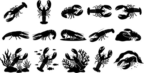 Lobster, silhouettes, set, featuring, marine, life, underwater, scenes, coral, seaweed, black, icons, vector, graphics, nautical, elements, seafood, crustacean, nature, collection.  © Ahsan