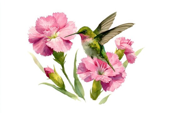 Close-up botanical painting of hummingbird and three dianthus blossoms with soft pastel tones