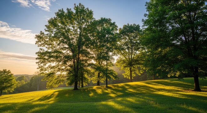 A serene, sunlit meadow with tall trees casting shadows on the grass, a clear blue sky above, and a gentle breeze rustling the leaves.