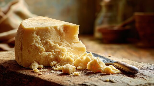 Close-up cheddar cheese portion on a rustic wooden board