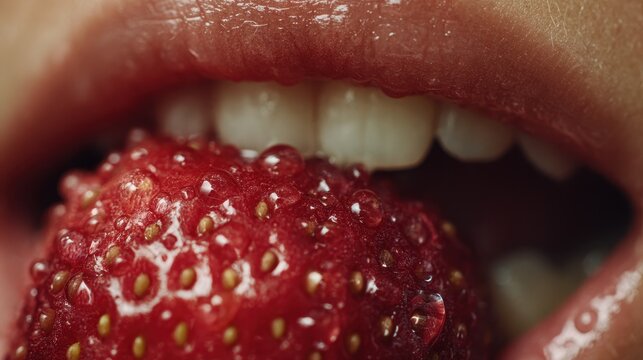 Close-up bite into a crisp fruit highlighting teeth and fruit texture