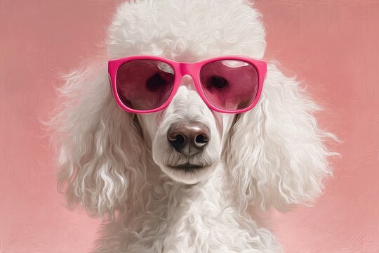 Closeup headshot of a cheerful white poodle with pink shades in a bright pink studio