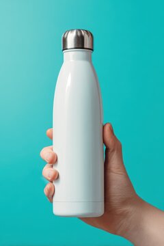 Close-up image of a female hand holding a white stainless steel reusable bottle in a cool aqua setting