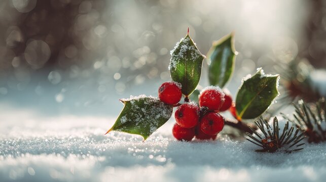 Close-Up Holly Branch on Fresh Snow with Empty Area for Message
