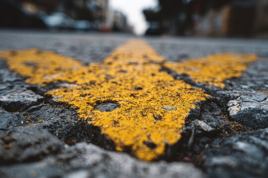 Close-up of a bold yellow arrow painted on rough concrete surface