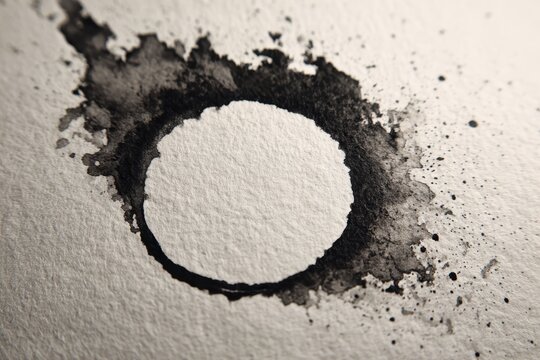 Close-up of a handmade ink circle with grunge smear on textured paper