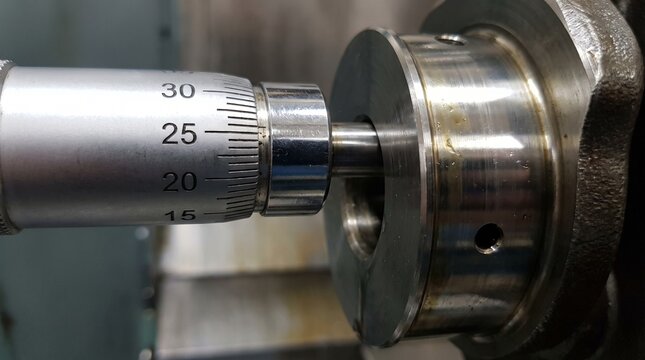 Close-up of a micrometer performing a precision measurement on a machined metal component, vital for quality control in manufacturing and engineering industries.