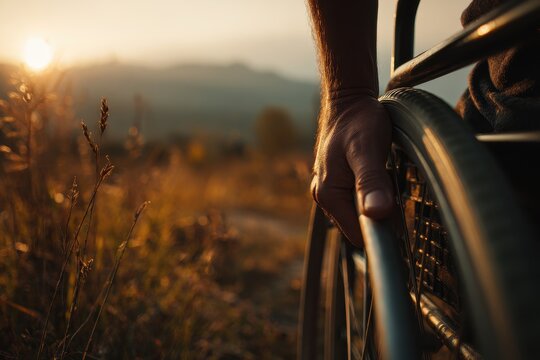 Close-up of a hand on a wheelchair frame at sunset in a tranquil natural setting