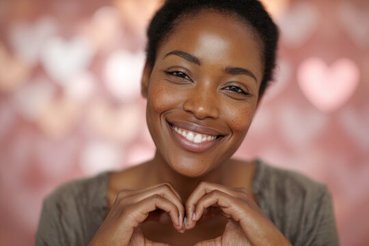 Close-up of a joyful woman of African descent showing teeth, radiating warmth and kindness