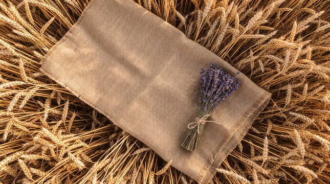 Top view of a burlap sack on a wheat field with a bouquet of lavender flowers