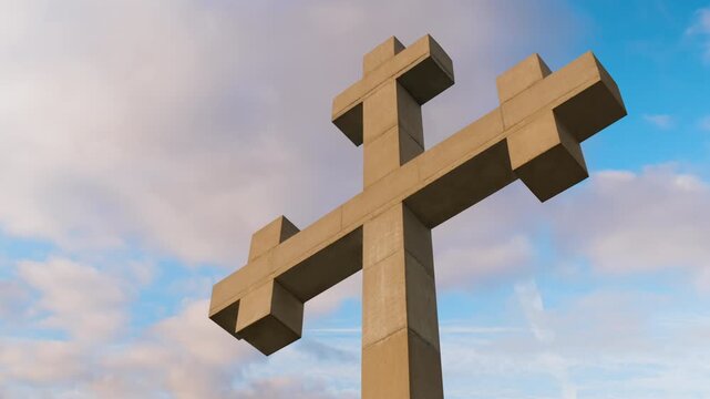 Timelapse: huge stone cross monument against moving white clouds, located on the mountain over Gonio town near Batumi, Georgia. Christianity, Orthodoxy, religion, spiritual and time lapse concept