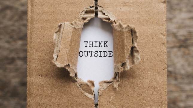 Think outside the box concept, text printed on white paper revealed through a torn hole in a brown cardboard box, creative thinking metaphor