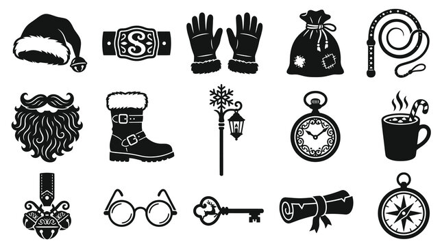 Black and White Glyph Vector Icons Set: Christmas  Santa Claus Holiday Elements and Winter Symbols