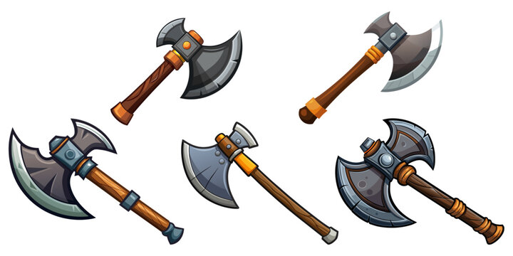  A collection of fantasy war axes with wooden handles and steel blades, perfect for game asset or medieval themed illustrations.