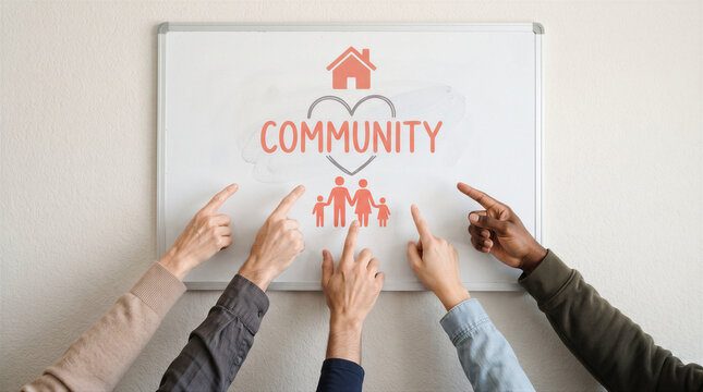 Group of diverse people pointing at a whiteboard with a community concept illustration featuring a house, a heart, and a family icon