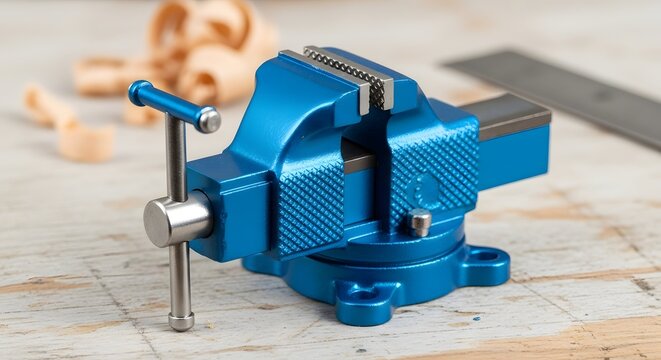 Blue bench vise with metal shavings and ruler on a wooden workbench in workshop lighting