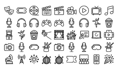 Fototapeta premium Entertainment and Lifestyle Line Icon Set with Theater Cinema Video Music and Gaming Vector