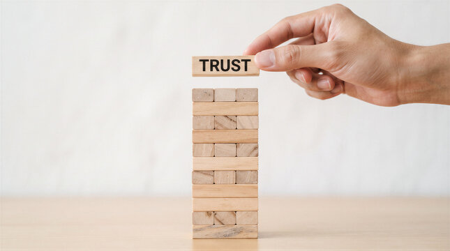 Hand placing a wooden block with the word trust on top of a stack of blocks, representing building trust and reliability in business