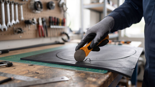 Closeup of a person wearing protective gloves using a rotary cutter to cut a circle out of a black foam sheet on a workbench