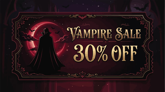 An elegant gothic ticket coupon features a dark silhouette of a caped vampire standing before a glowing red blood moon with flying bats and vintage gold lettering reading "Vampire Sale 30% Off"